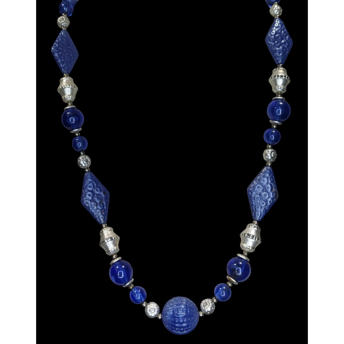 Boho Retro Statement Vintage Blue Lucite Beaded Silver Tone Necklace