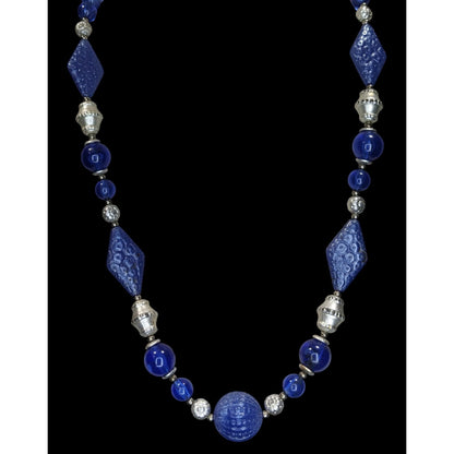 Boho Retro Statement Vintage Blue Lucite Beaded Silver Tone Necklace