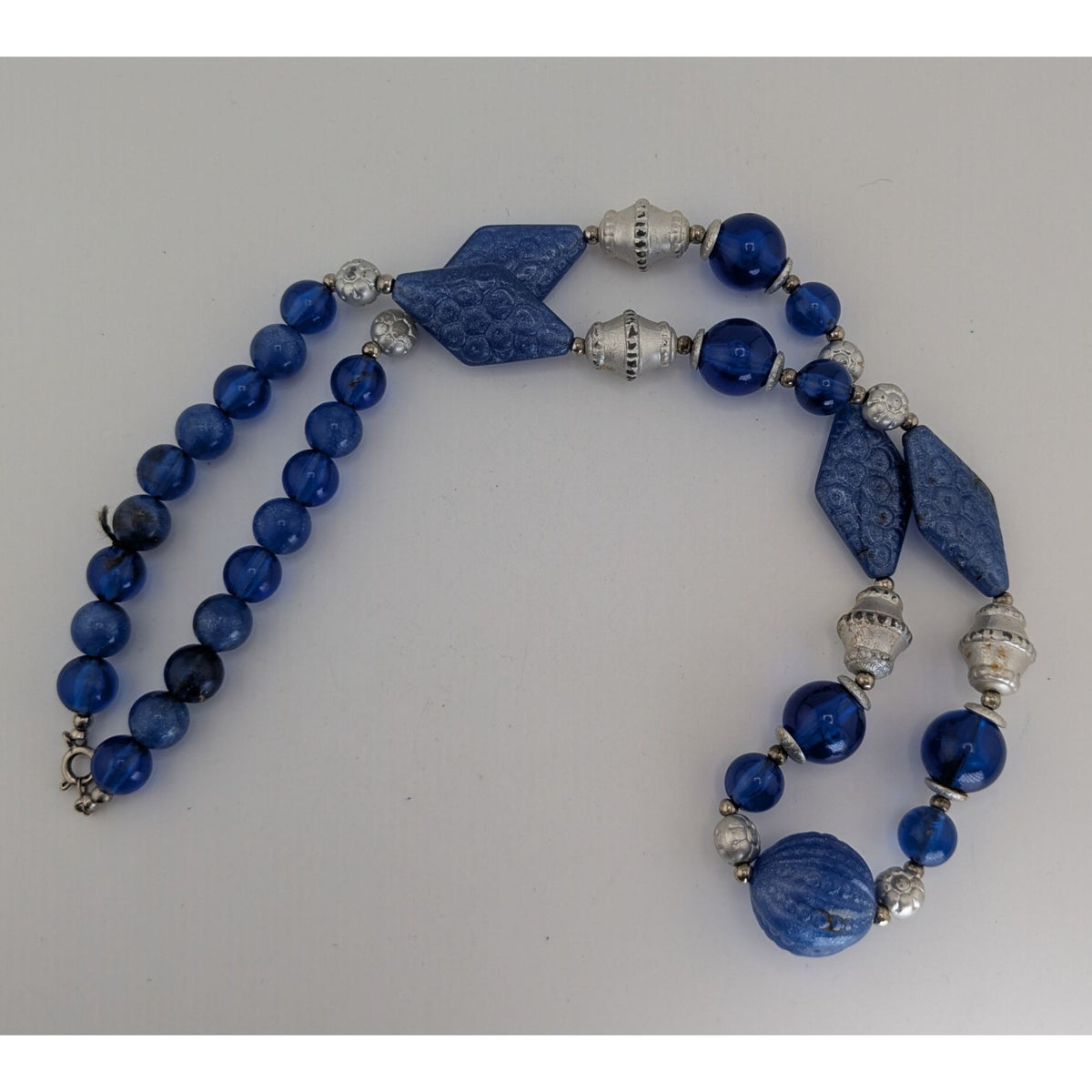 Boho Retro Statement Vintage Blue Lucite Beaded Silver Tone Necklace