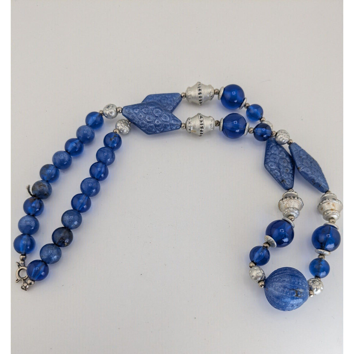 Boho Retro Statement Vintage Blue Lucite Beaded Silver Tone Necklace
