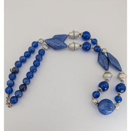 Boho Retro Statement Vintage Blue Lucite Beaded Silver Tone Necklace