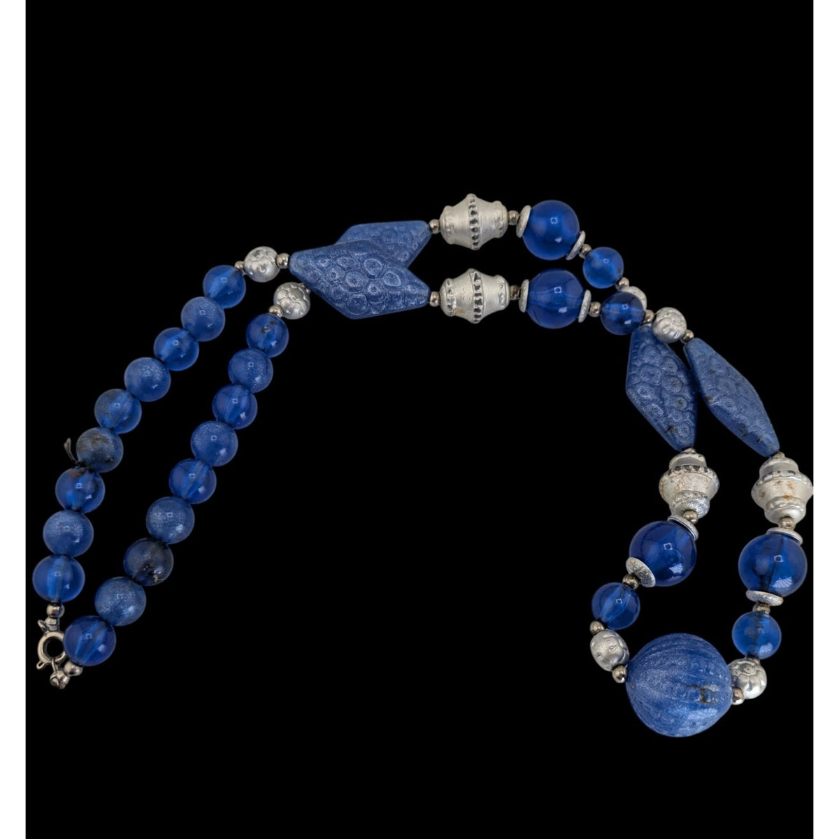 Boho Retro Statement Vintage Blue Lucite Beaded Silver Tone Necklace