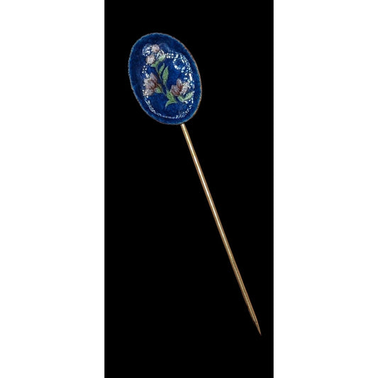Vintage Blue Floral Enamel Stick Pin Gold-Tone Accent Hand-Painted Design