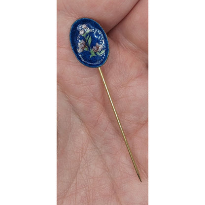 Vintage Blue Floral Enamel Stick Pin Gold-Tone Accent Hand-Painted Design