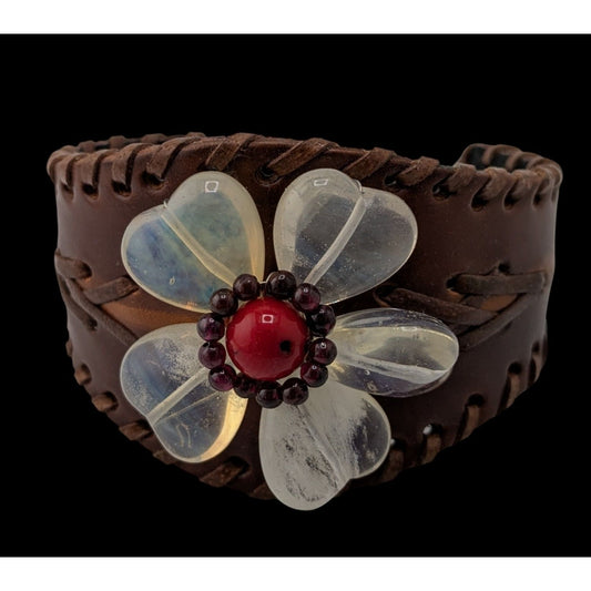 Handcrafted Leather Cuff Bracelet With Gemstone Flower Design