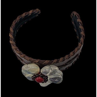 Handcrafted Leather Cuff Bracelet With Gemstone Flower Design