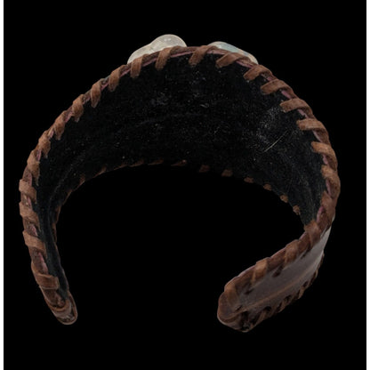 Handcrafted Leather Cuff Bracelet With Gemstone Flower Design