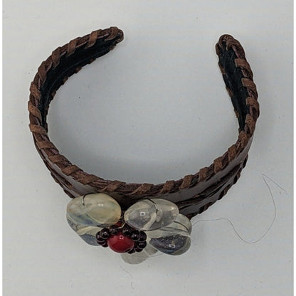 Handcrafted Leather Cuff Bracelet With Gemstone Flower Design