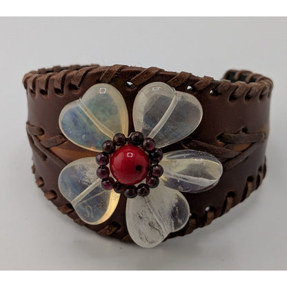 Handcrafted Leather Cuff Bracelet With Gemstone Flower Design