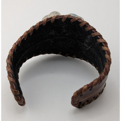 Handcrafted Leather Cuff Bracelet With Gemstone Flower Design