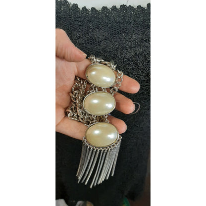 Elegant Layered Silver Statement Necklace With Faux Pearl Cabochons And Tassel Pendant