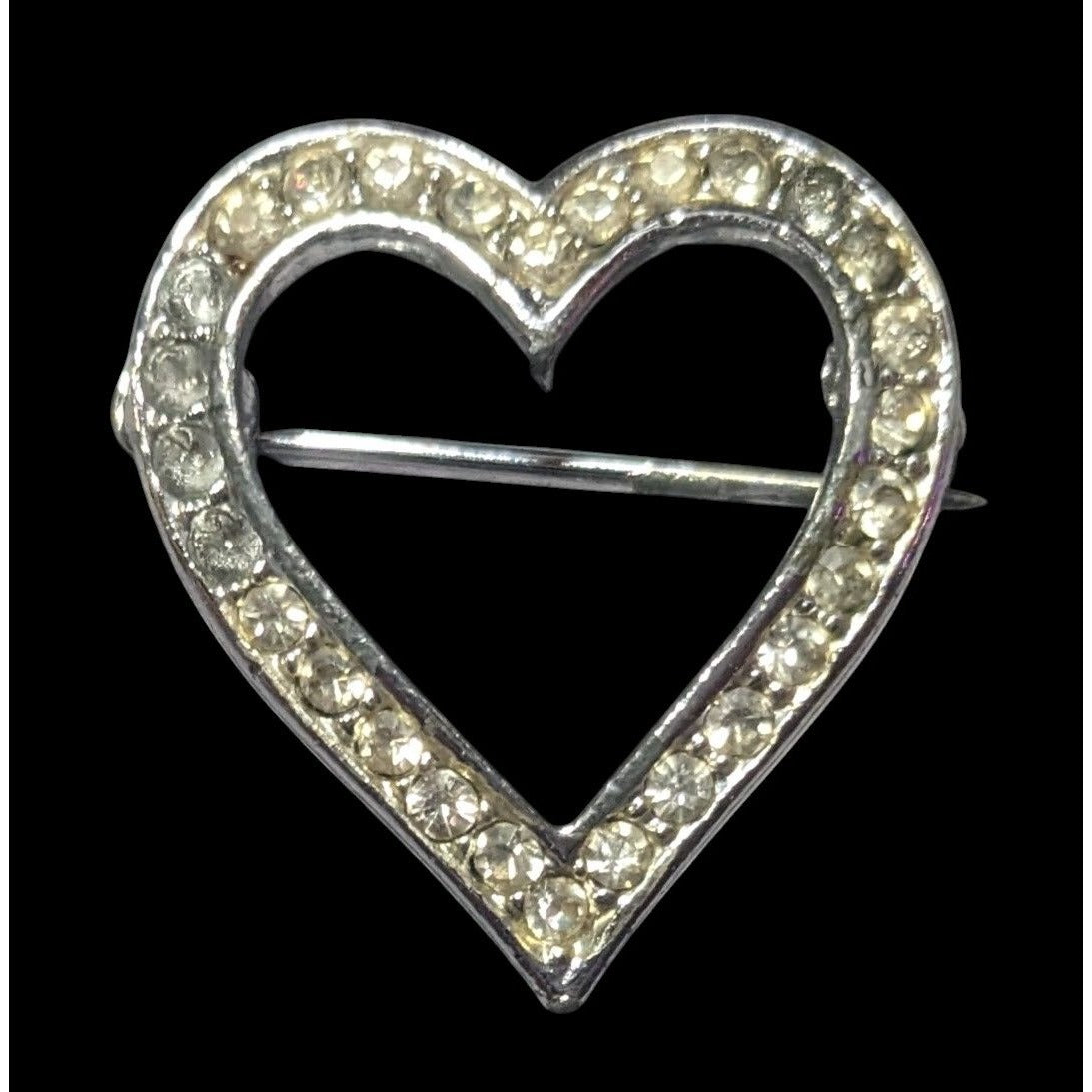 Vintage Open Heart Rhinestone Silver Tone Brooch