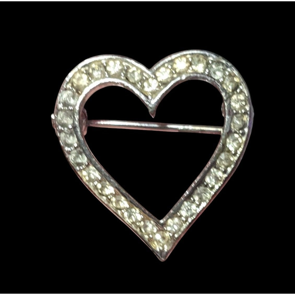 Vintage Open Heart Rhinestone Silver Tone Brooch