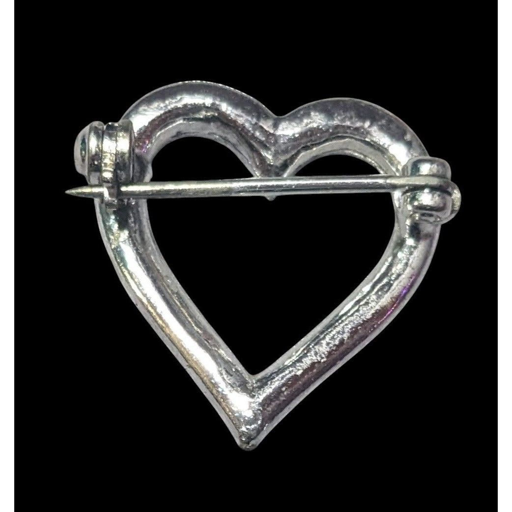 Vintage Open Heart Rhinestone Silver Tone Brooch