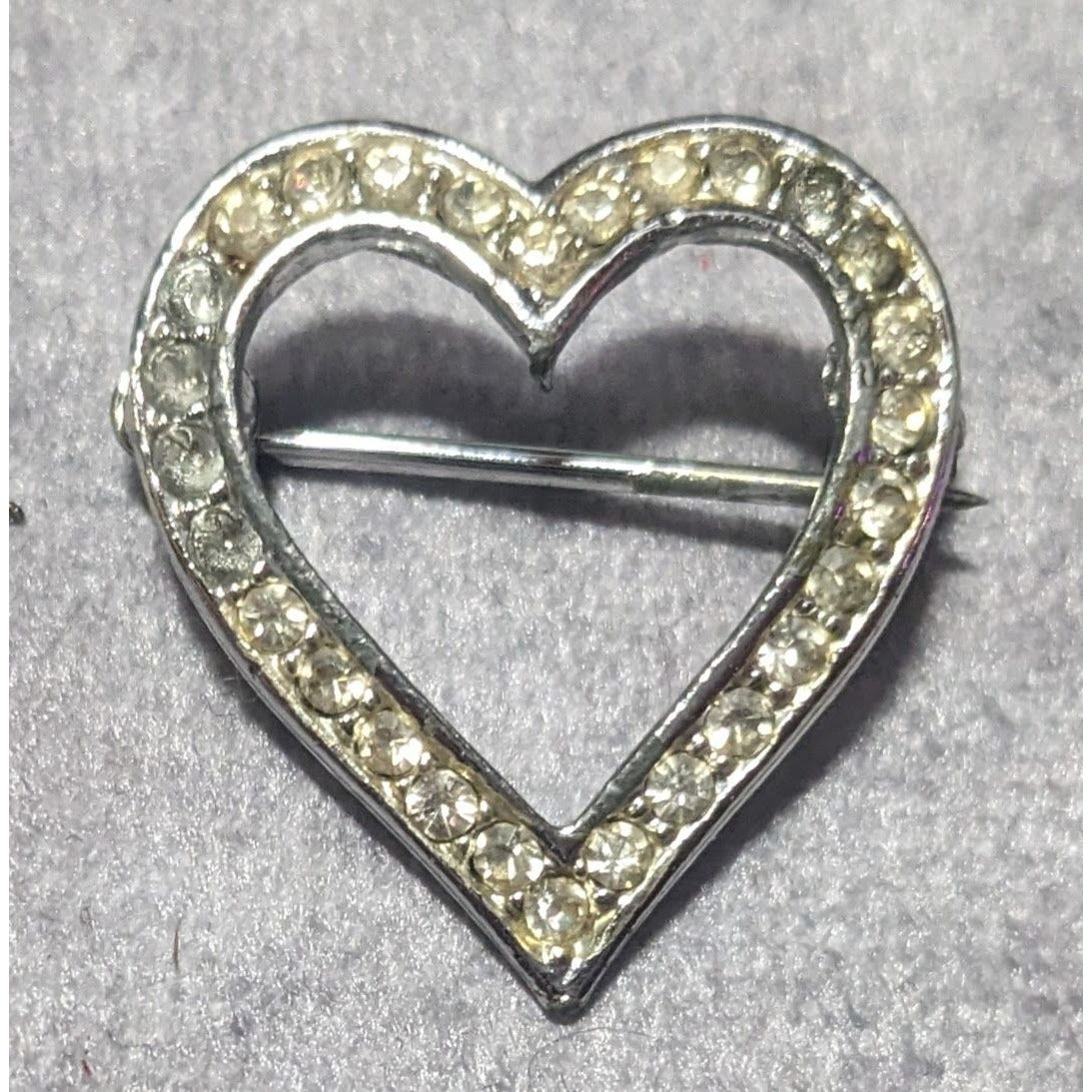 Vintage Open Heart Rhinestone Silver Tone Brooch