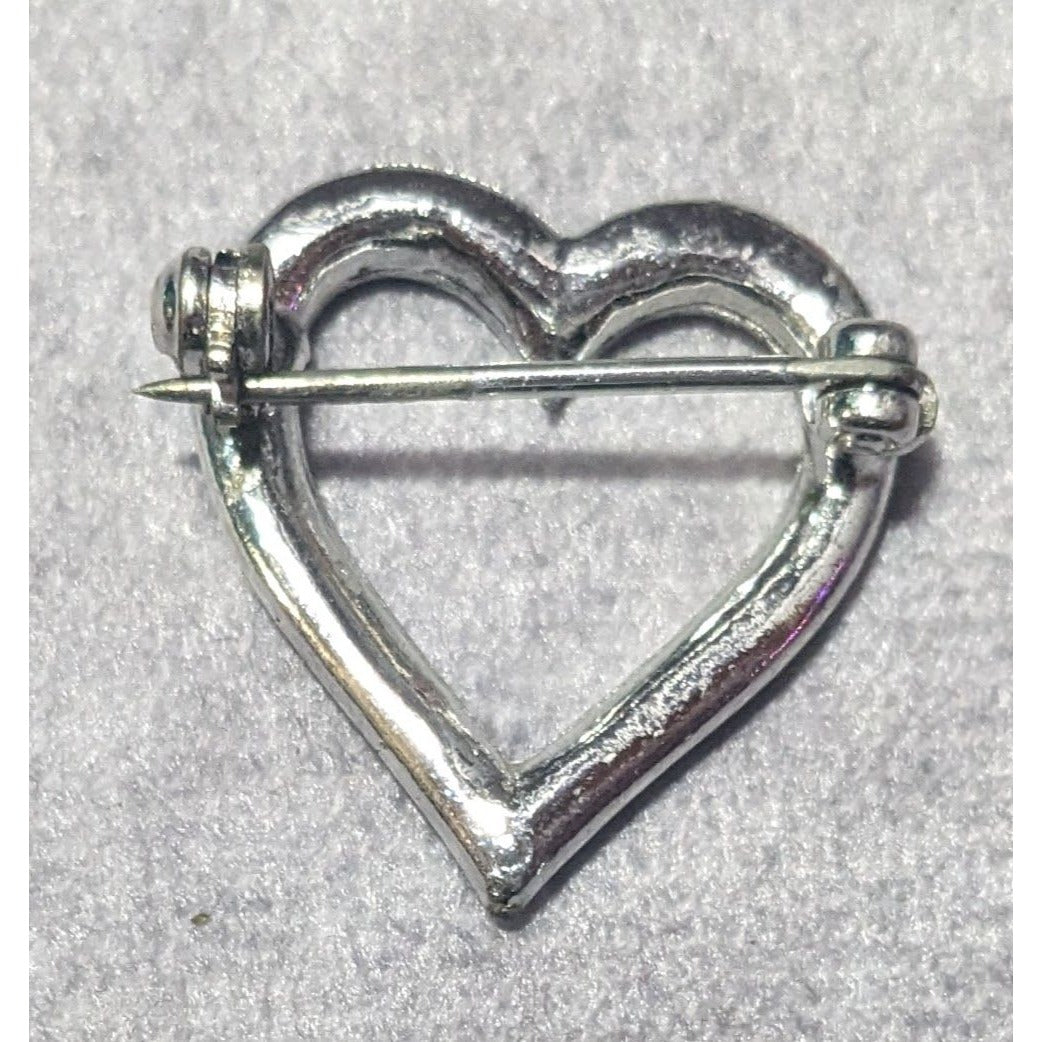 Vintage Open Heart Rhinestone Silver Tone Brooch