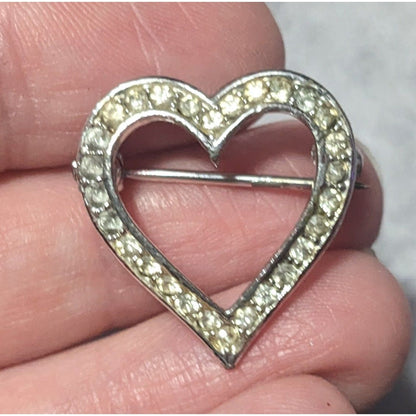 Vintage Open Heart Rhinestone Silver Tone Brooch