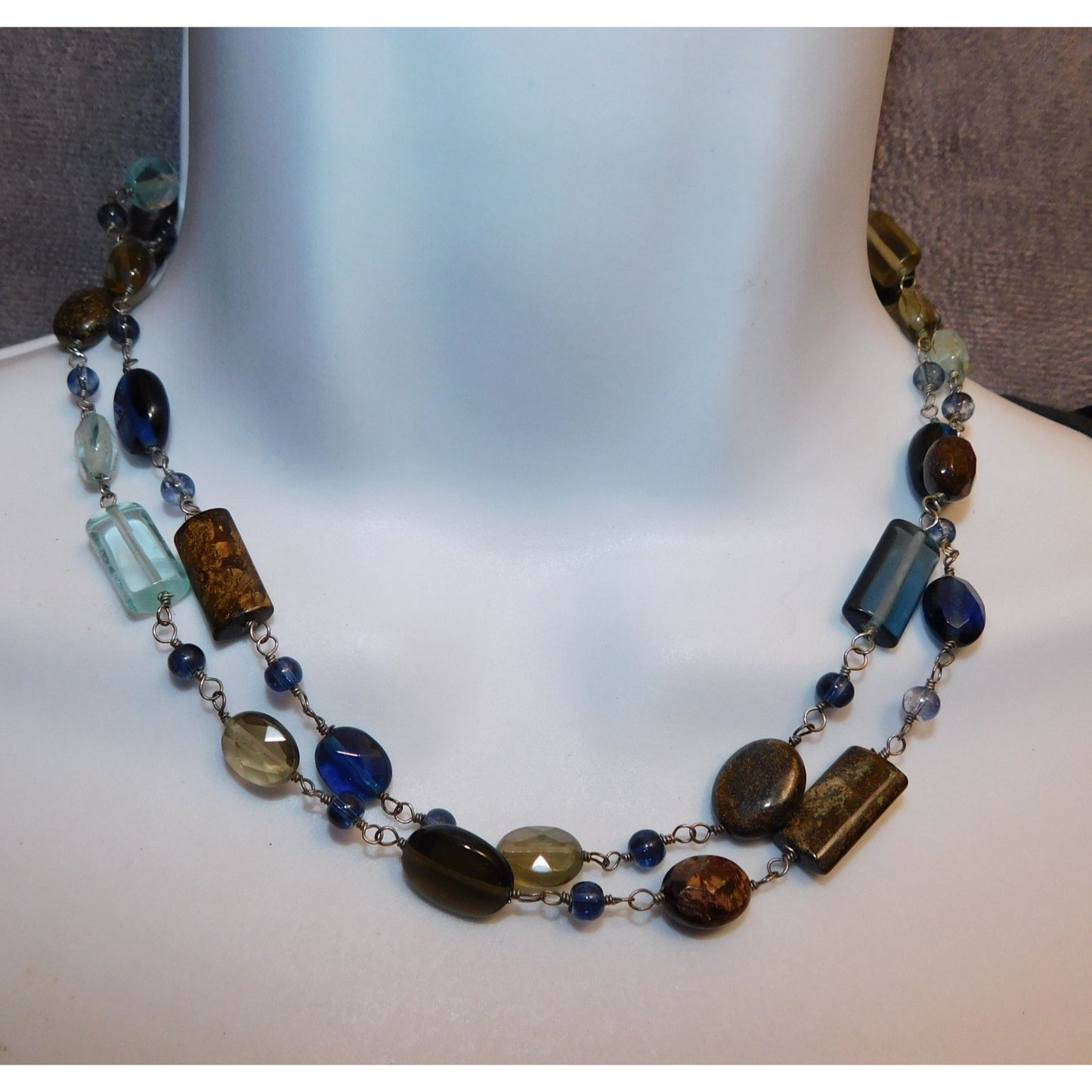 Blue And Brown Double Layer Glass Beaded Necklace
