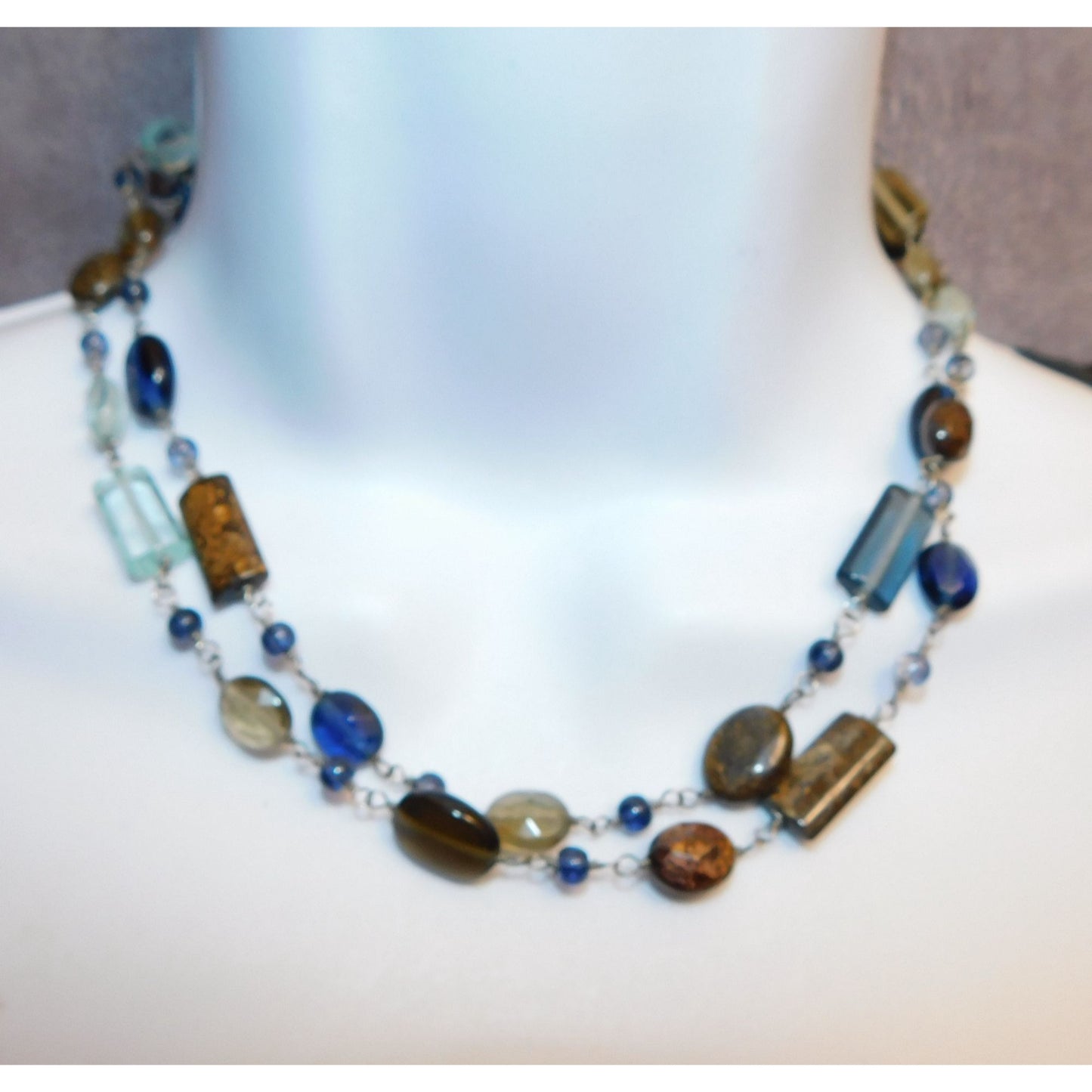 Blue And Brown Double Layer Glass Beaded Necklace