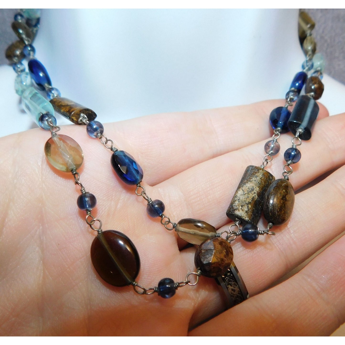 Blue And Brown Double Layer Glass Beaded Necklace