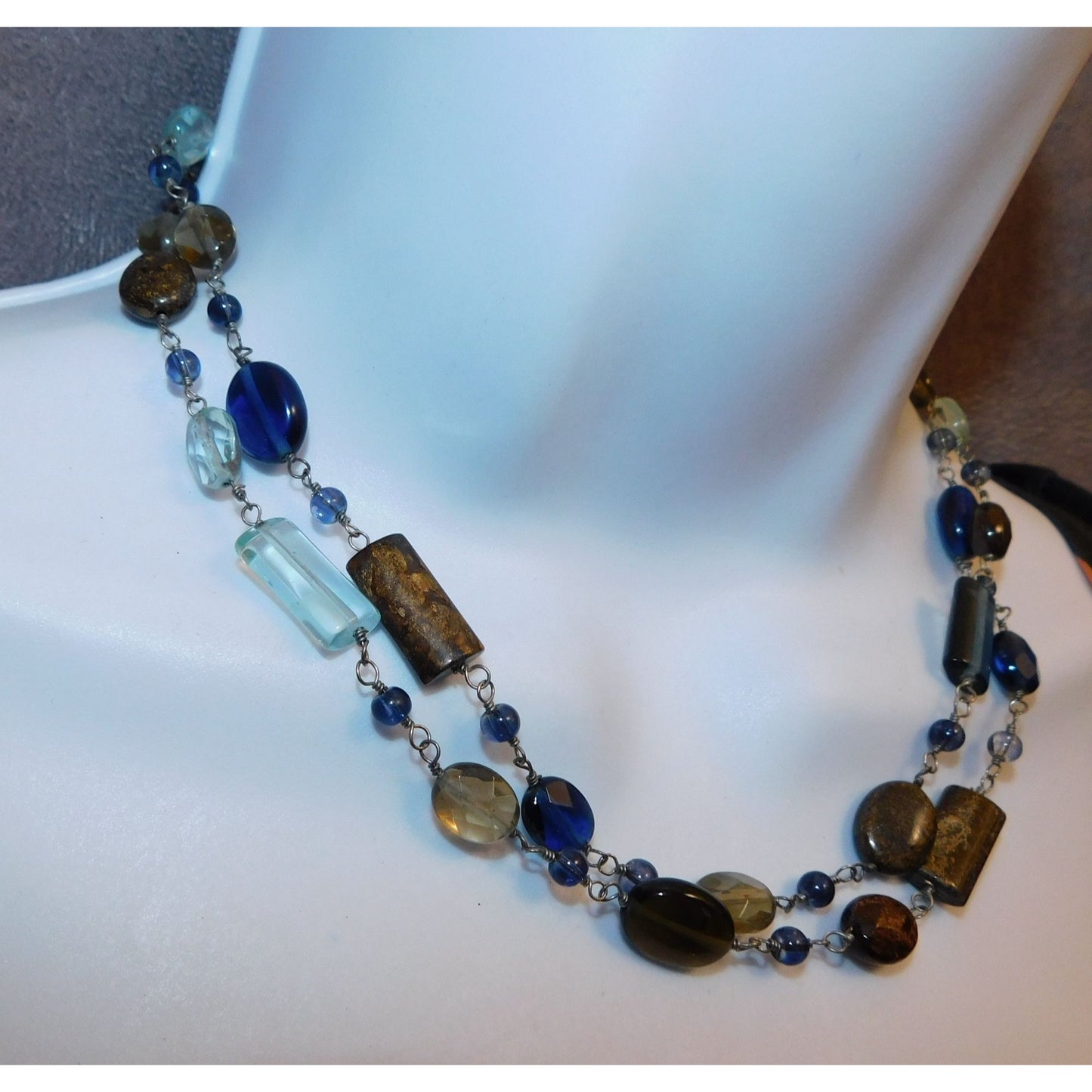 Blue And Brown Double Layer Glass Beaded Necklace
