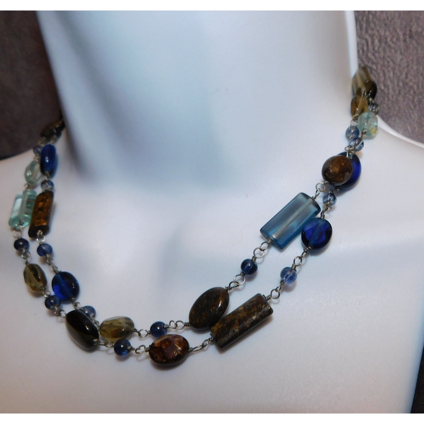 Blue And Brown Double Layer Glass Beaded Necklace