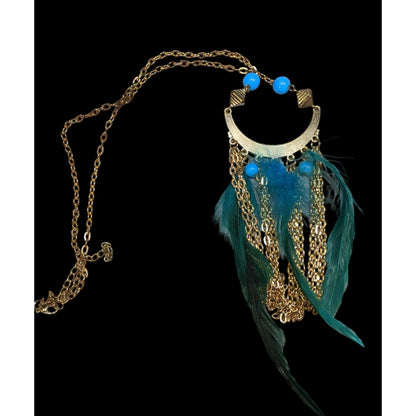 Bohemian Festival Gold Tone Blue Feather Fringe Pendant Necklace