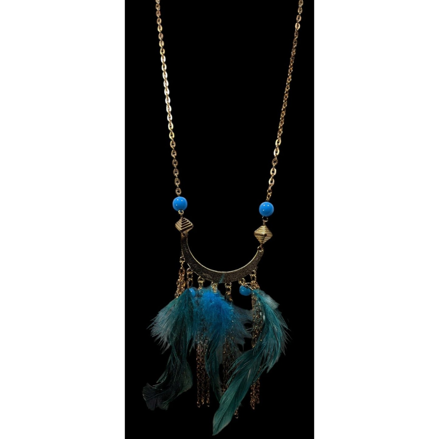 Bohemian Festival Gold Tone Blue Feather Fringe Pendant Necklace