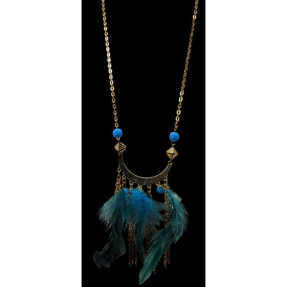 Bohemian Festival Gold Tone Blue Feather Fringe Pendant Necklace