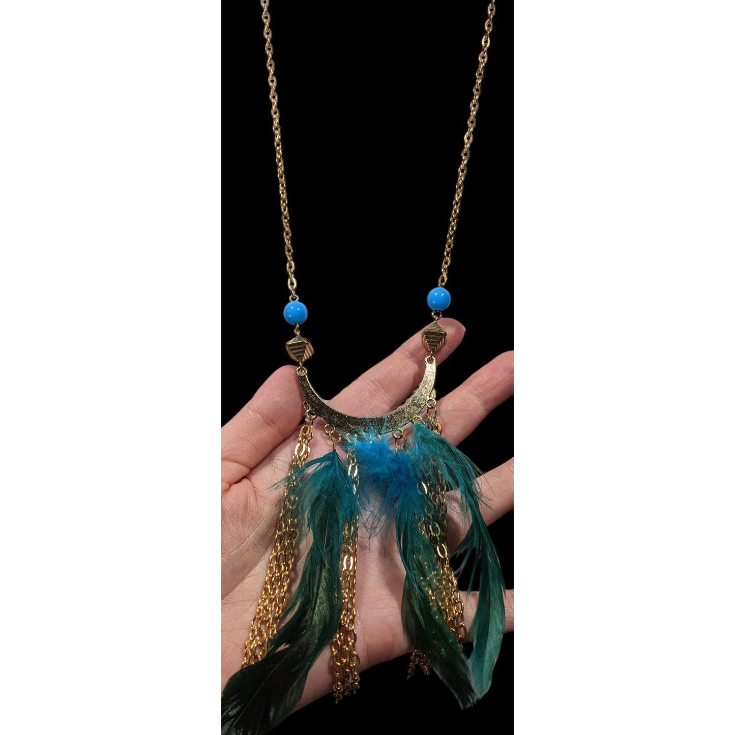 Bohemian Festival Gold Tone Blue Feather Fringe Pendant Necklace