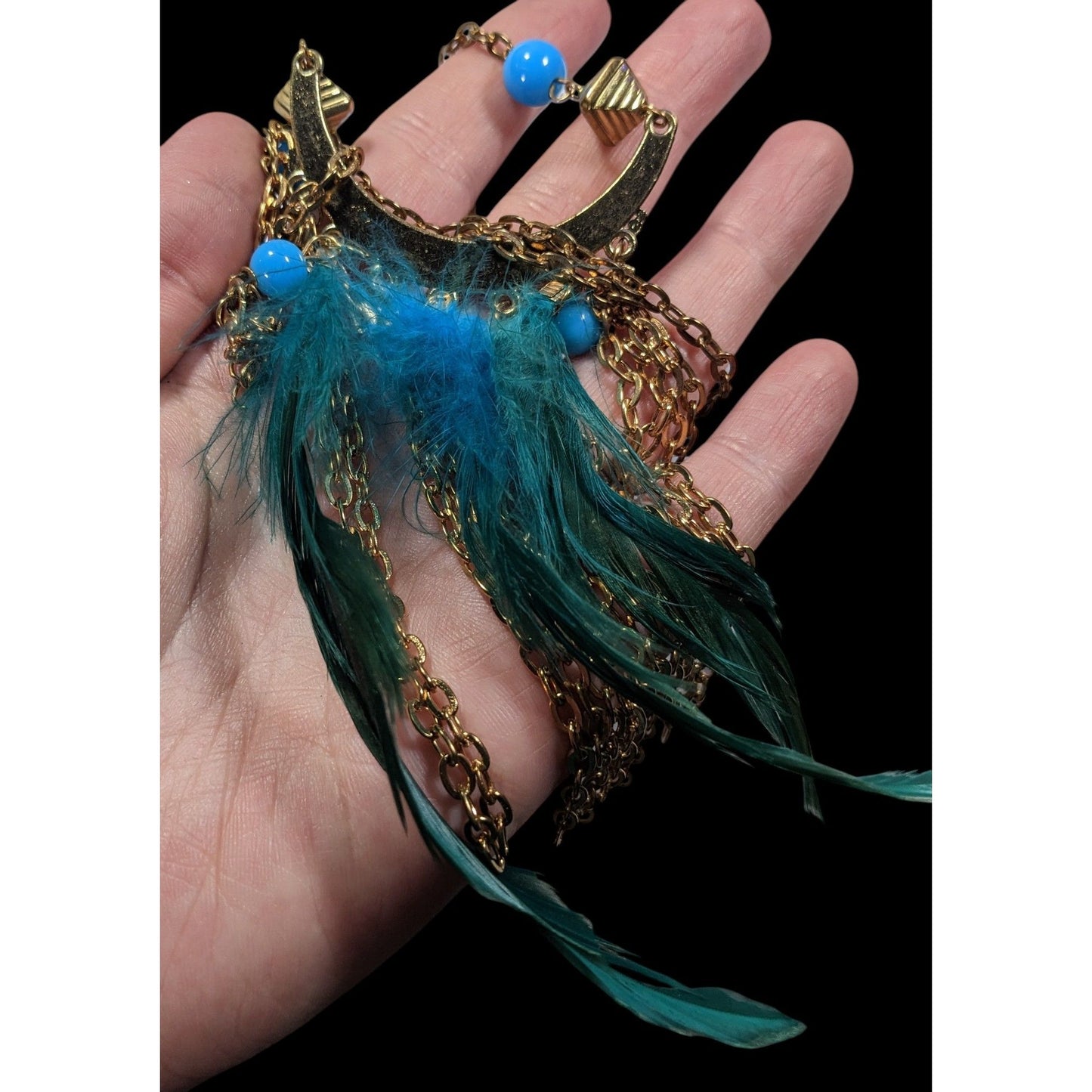 Bohemian Festival Gold Tone Blue Feather Fringe Pendant Necklace