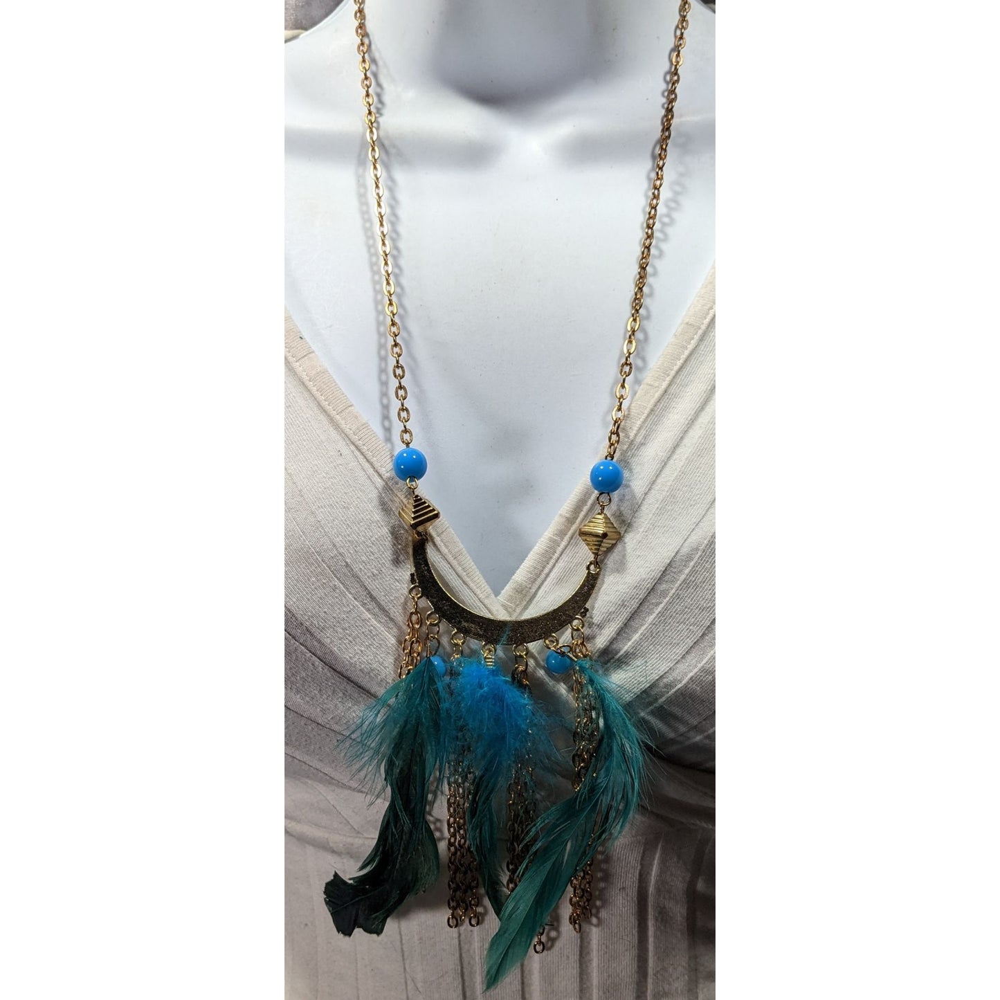 Bohemian Festival Gold Tone Blue Feather Fringe Pendant Necklace