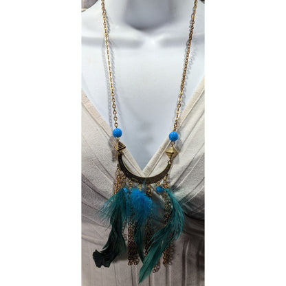 Bohemian Festival Gold Tone Blue Feather Fringe Pendant Necklace