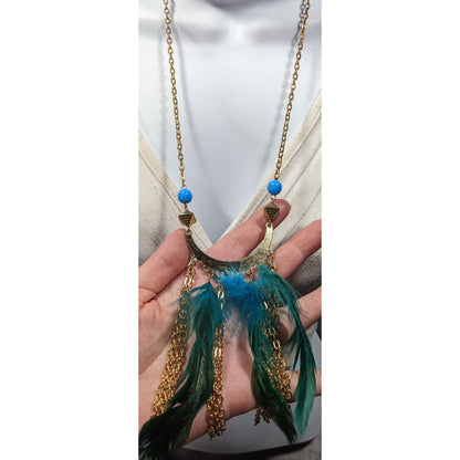 Bohemian Festival Gold Tone Blue Feather Fringe Pendant Necklace