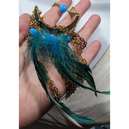 Bohemian Festival Gold Tone Blue Feather Fringe Pendant Necklace