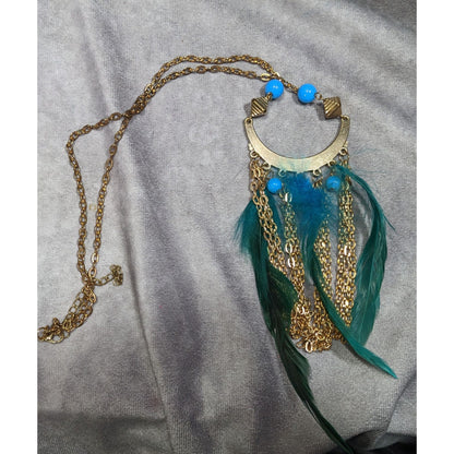 Bohemian Festival Gold Tone Blue Feather Fringe Pendant Necklace