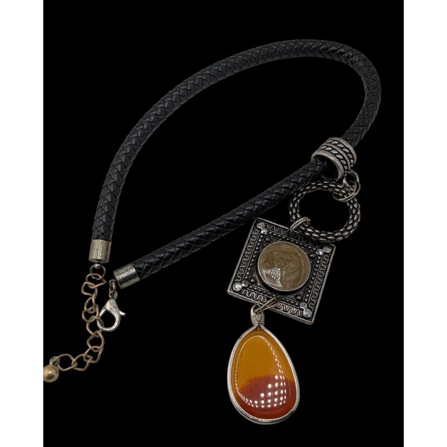 Boho Western Braided Leather Pendant Necklace Black Silver Orange Statement