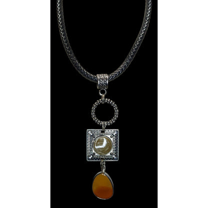 Boho Western Braided Leather Pendant Necklace Black Silver Orange Statement