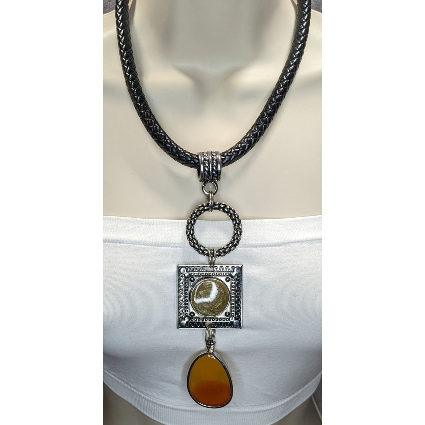 Boho Western Braided Leather Pendant Necklace Black Silver Orange Statement