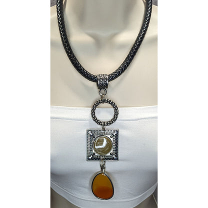 Boho Western Braided Leather Pendant Necklace Black Silver Orange Statement