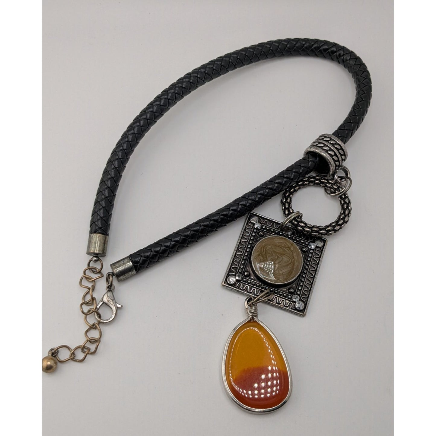 Boho Western Braided Leather Pendant Necklace Black Silver Orange Statement