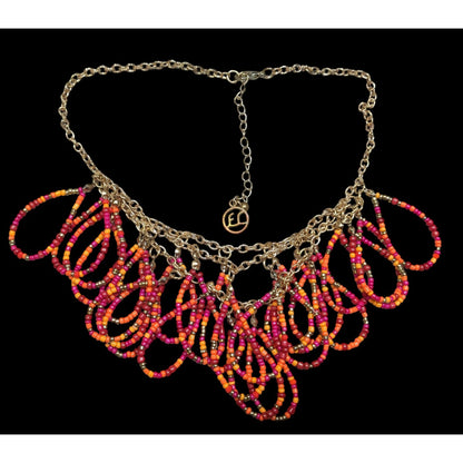 Erica Lyons Abstract Pink And Orange Glass Beaded Loop Fringe Necklace