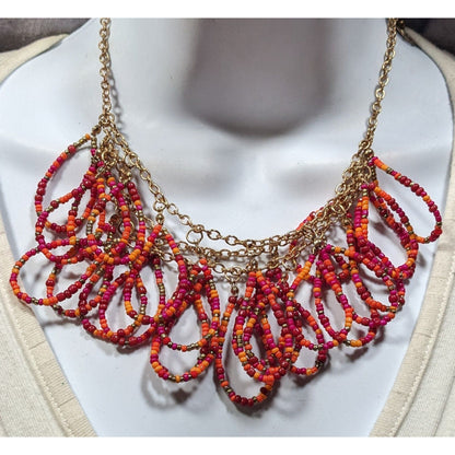 Erica Lyons Abstract Pink And Orange Glass Beaded Loop Fringe Necklace
