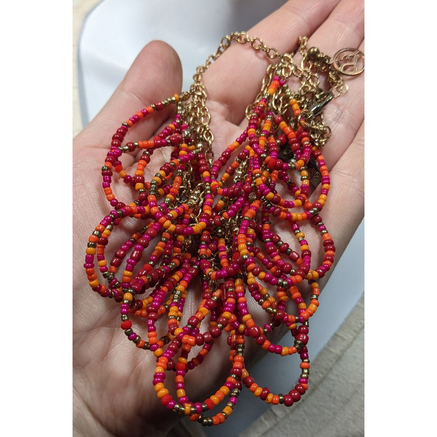 Erica Lyons Abstract Pink And Orange Glass Beaded Loop Fringe Necklace