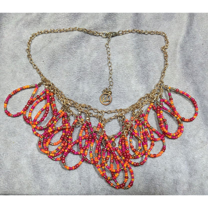 Erica Lyons Abstract Pink And Orange Glass Beaded Loop Fringe Necklace