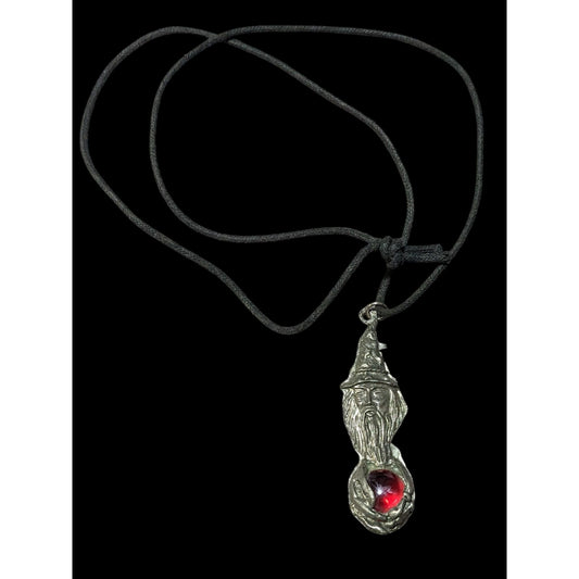 Vintage 90s Pewter Wizard Holding A Red Marble Pendant Necklace