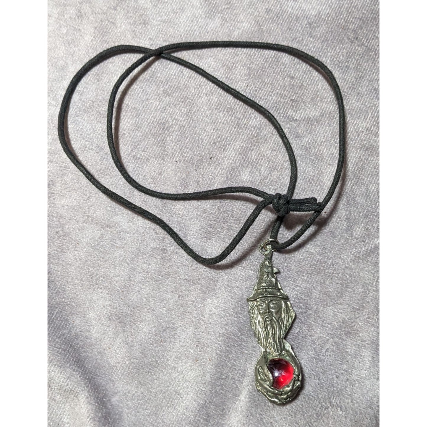 Vintage 90s Pewter Wizard Holding A Red Marble Pendant Necklace