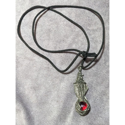 Vintage 90s Pewter Wizard Holding A Red Marble Pendant Necklace