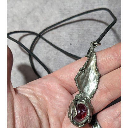 Vintage 90s Pewter Wizard Holding A Red Marble Pendant Necklace