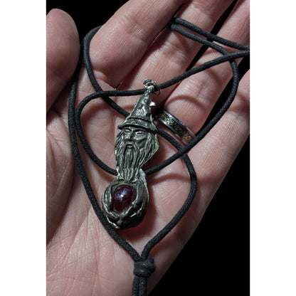 Vintage 90s Pewter Wizard Holding A Red Marble Pendant Necklace